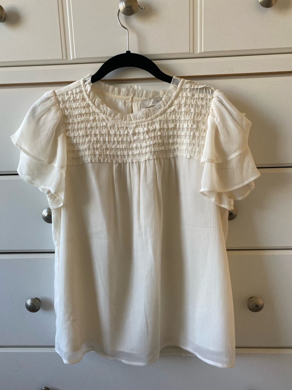 LOFT Cream Smocked Flutter Sleeve Blouse